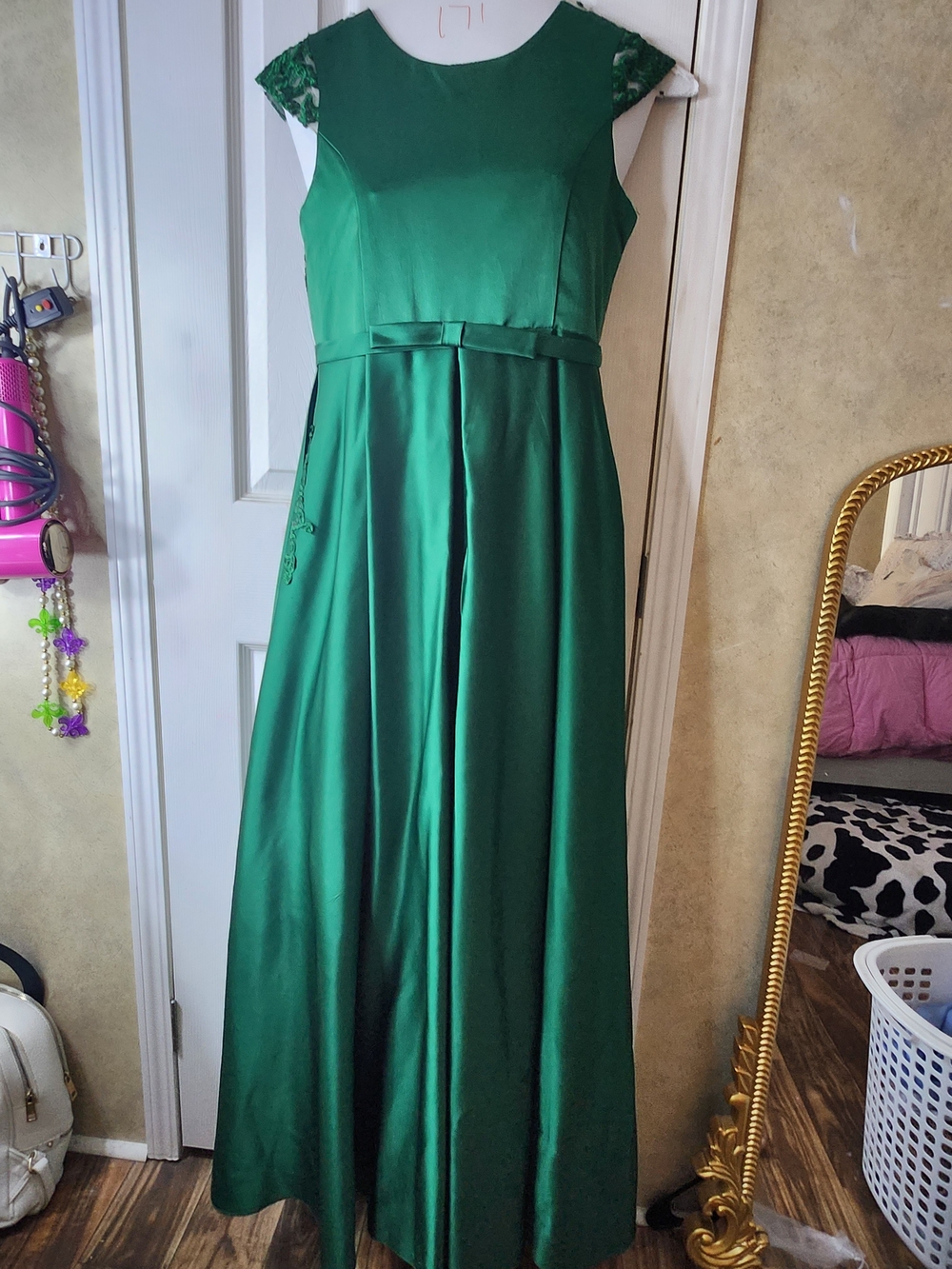 JJs House Emerald Green Satin Maxi Dress with Cap Sleeves